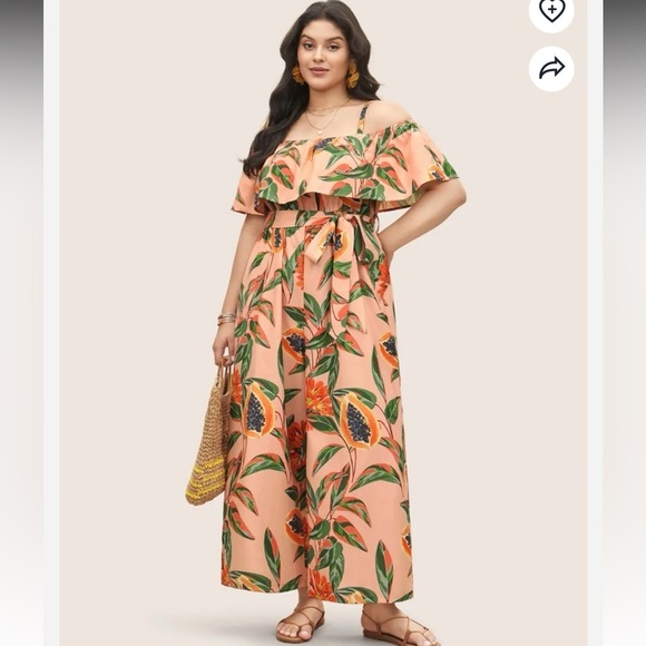 BloomChic Plus Size Citrus Fruit Print Belted Ruffle Trim Jumpsuit - Picture 5 of 6